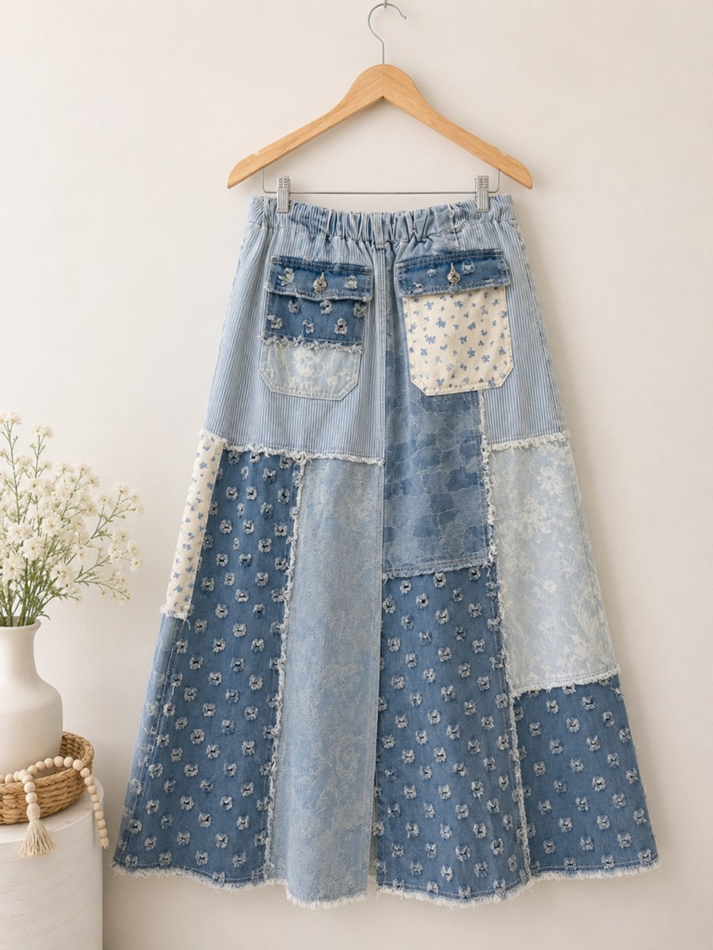 POL Patchwork Denim Maxi Skirt 100% Cotton Boho Size Large - Picture 3 of 4